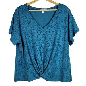 Seven 7 Pullover Semi Sheer Top Blue XXL Dots Short Sleeve V Neck Twist Front Lo